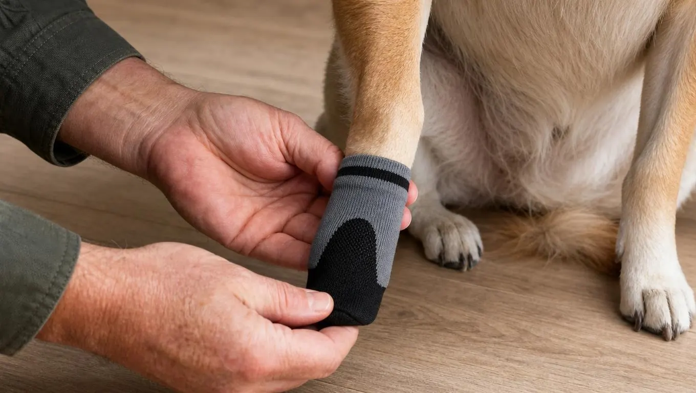 A hand fitting a non-slip dog sock onto a dog's paw while the dog sits on a laminate floor