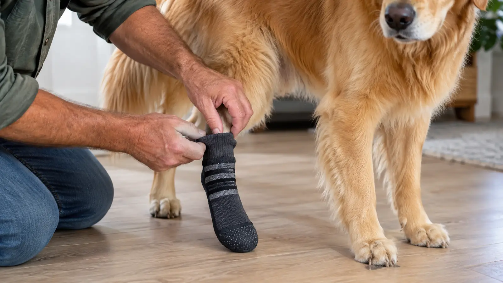 A person's hand fitting a non-slip dog sock onto a dog's back paw while the dog stands calmly on a laminate floor