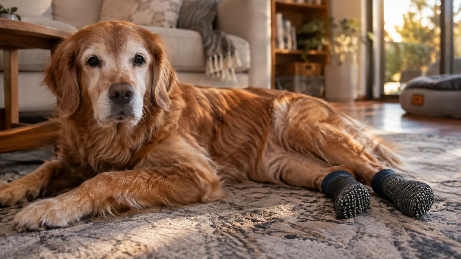 A senior dog lying on a rug after a walk, wearing non-slip socks on both back paws